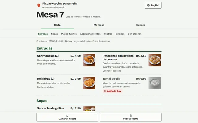 Captura de la demo: Pedir y pagar desde la mesa