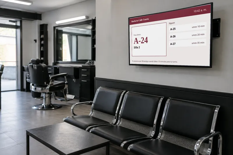 Pantalla de turnos en el televisor de la sala de espera de una barbería
