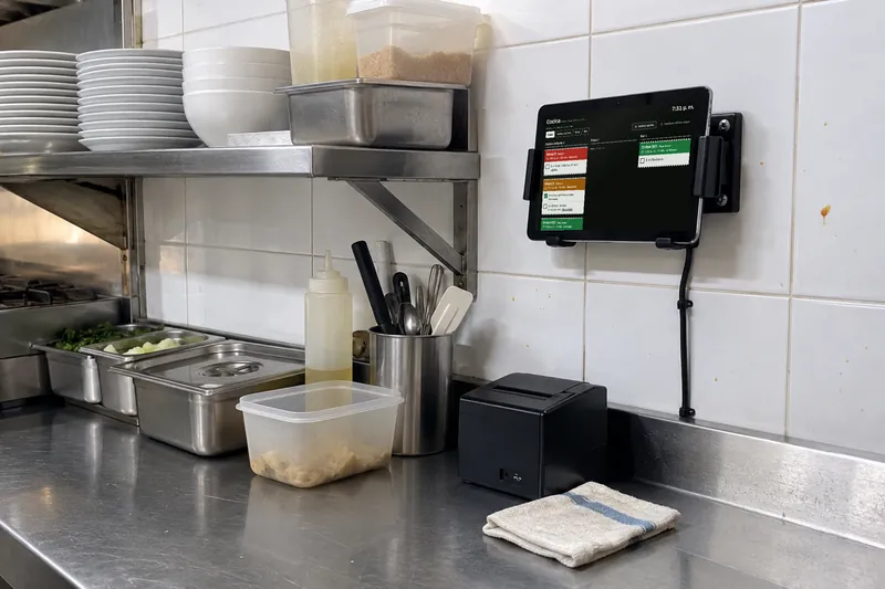 La pantalla de cocina de la demo en una tableta, junto a la impresora de comandas de un restaurante