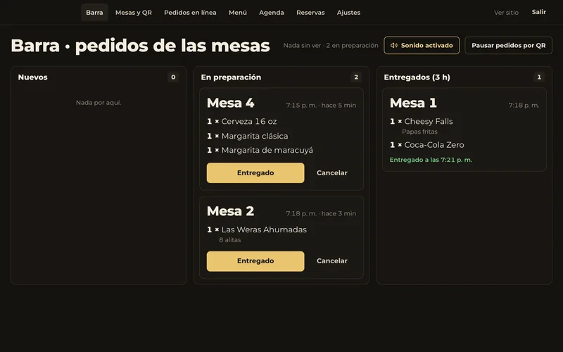 Tableta de la barra con los pedidos de las mesas 4, 2 y 1