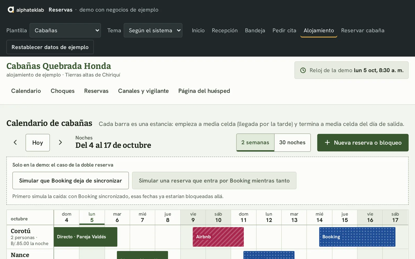 Demo: el calendario de cabañas de ejemplo, con Booking, Airbnb y la venta directa.